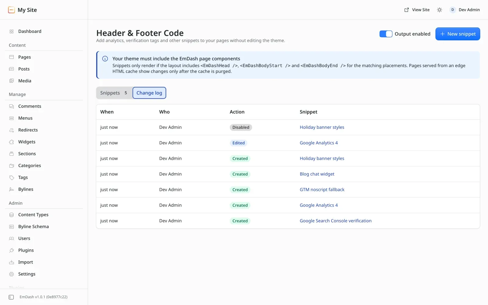 The change log, listing who created, edited, enabled, disabled or deleted each snippet, and when
