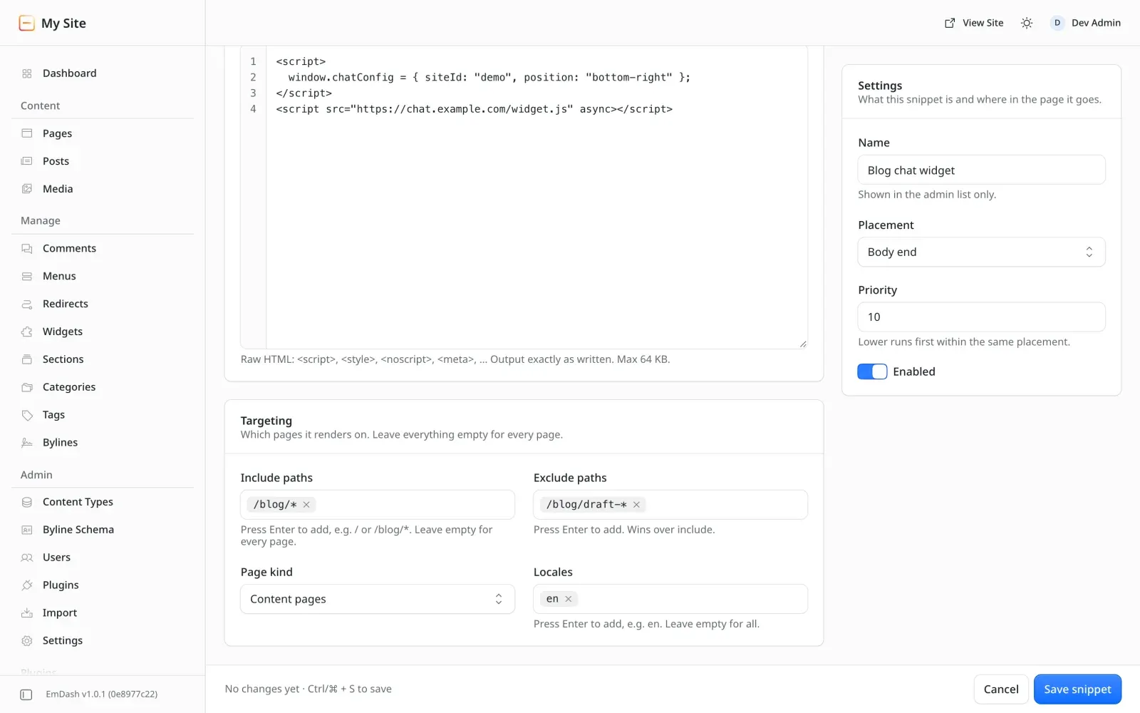 The edit view: a code editor with line numbers, a sticky Settings card, and a Targeting tab for paths, page kind and locales
