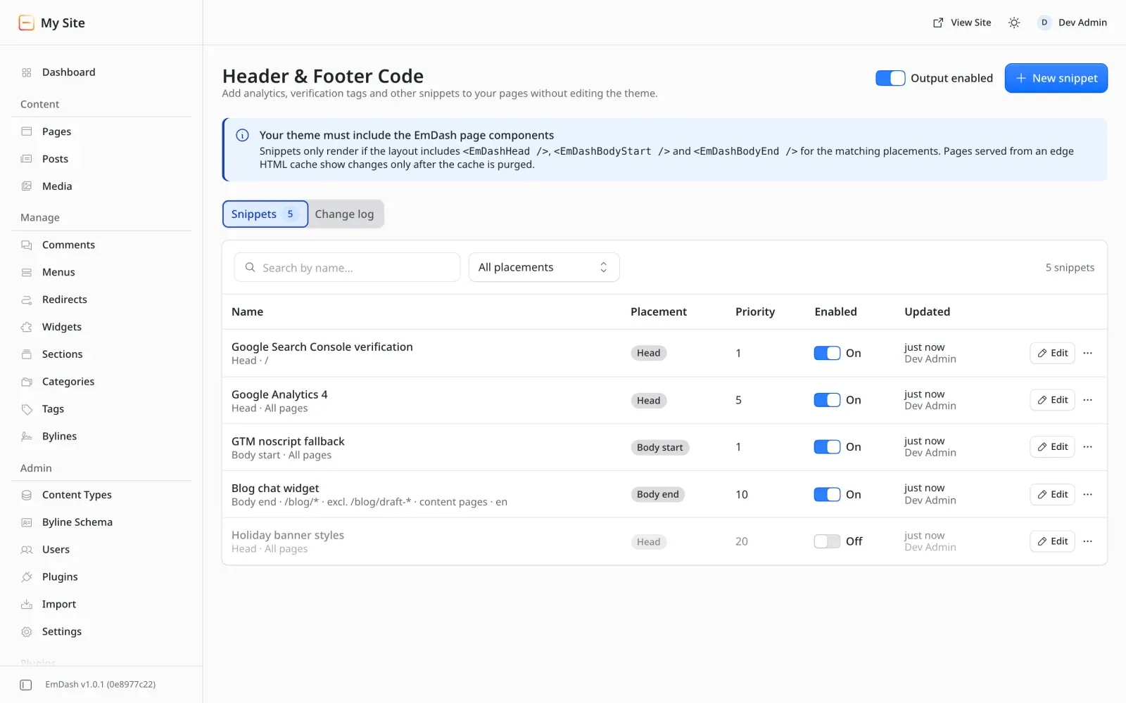 Snippet list showing placement, priority, enabled toggle and where each snippet runs